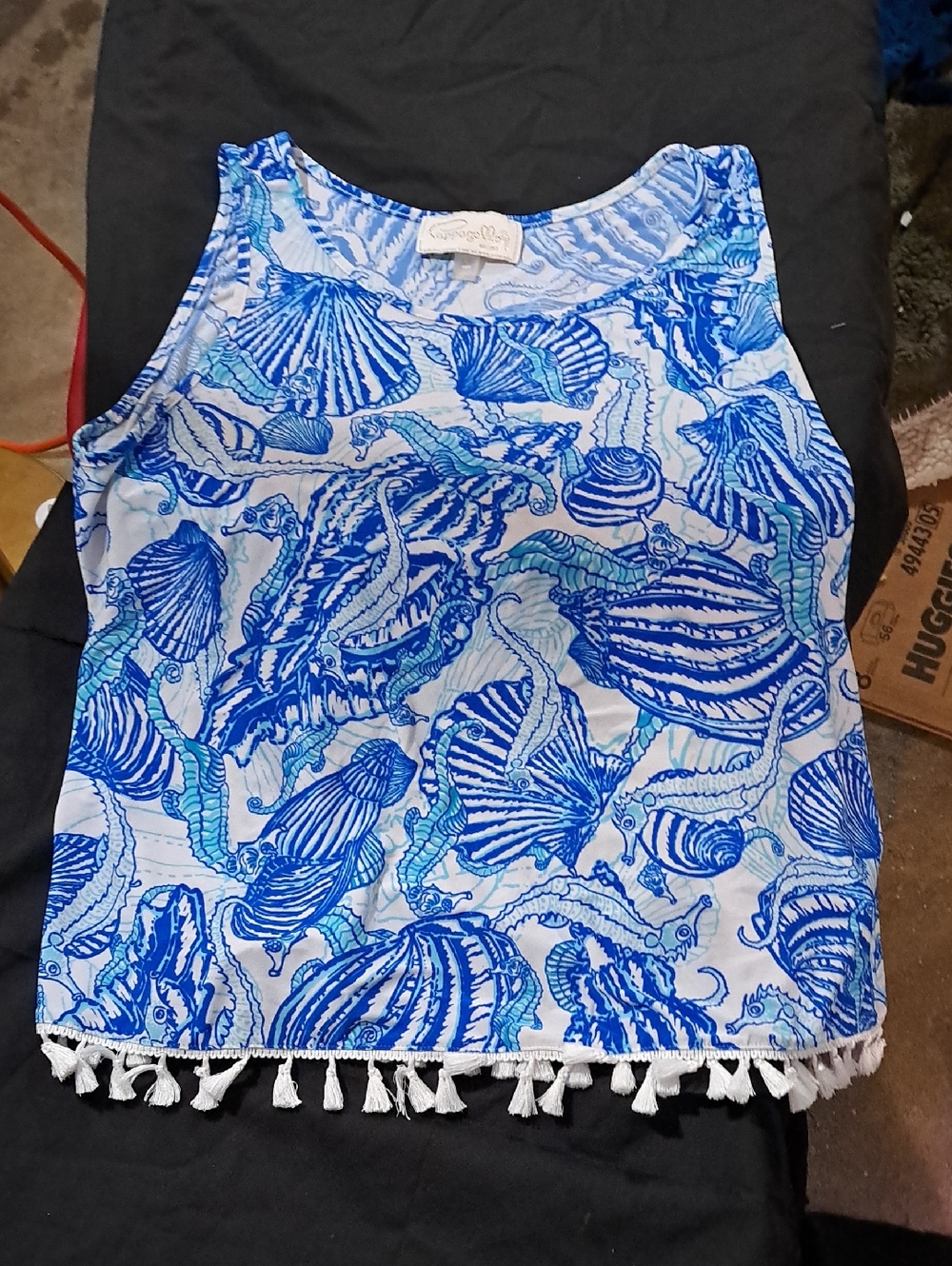 Seashell Print Tassel Hem Tank Top - Blue Cappagallo